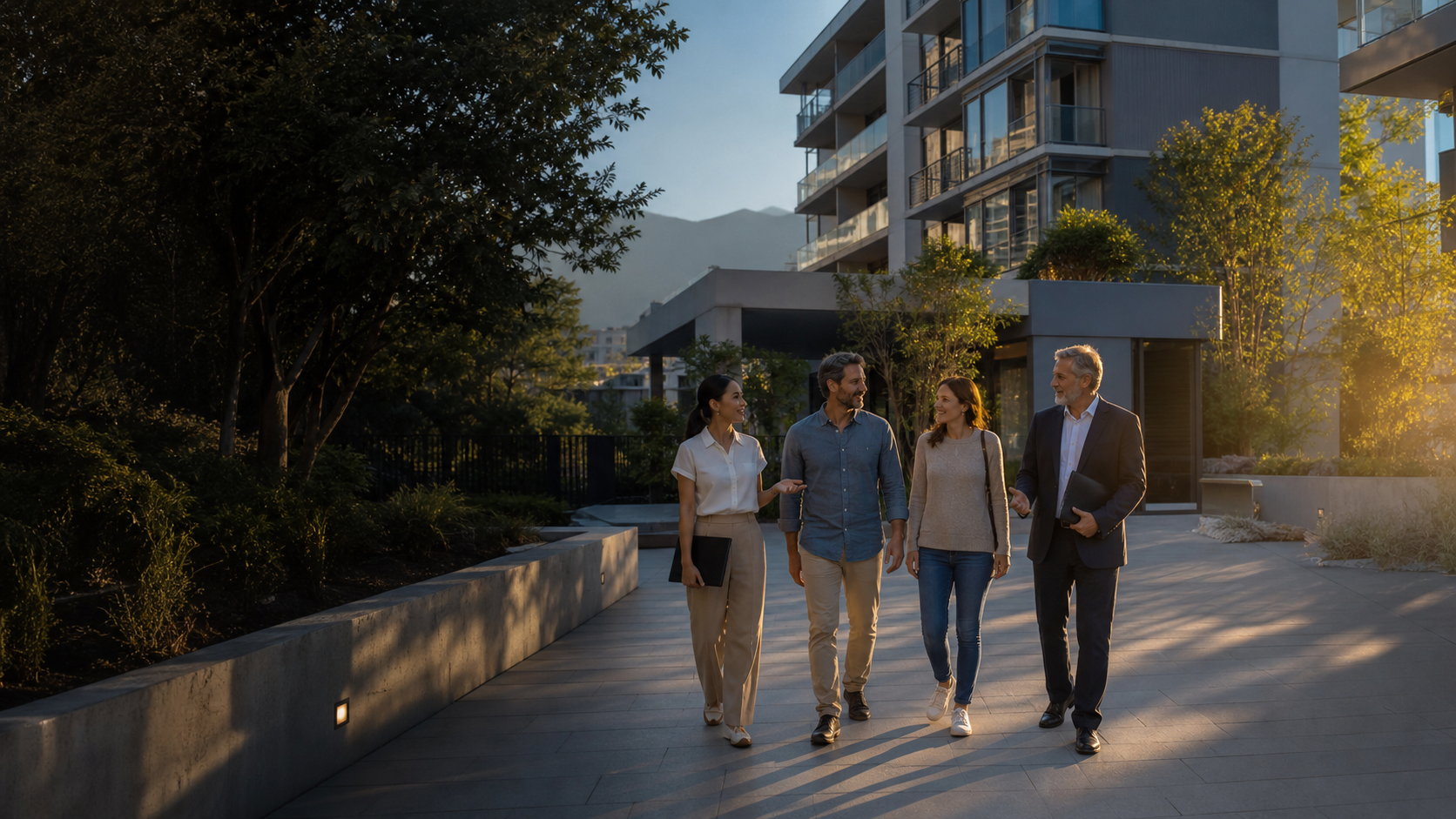 Comunidad y administraci&oacute;n recorriendo un condominio moderno