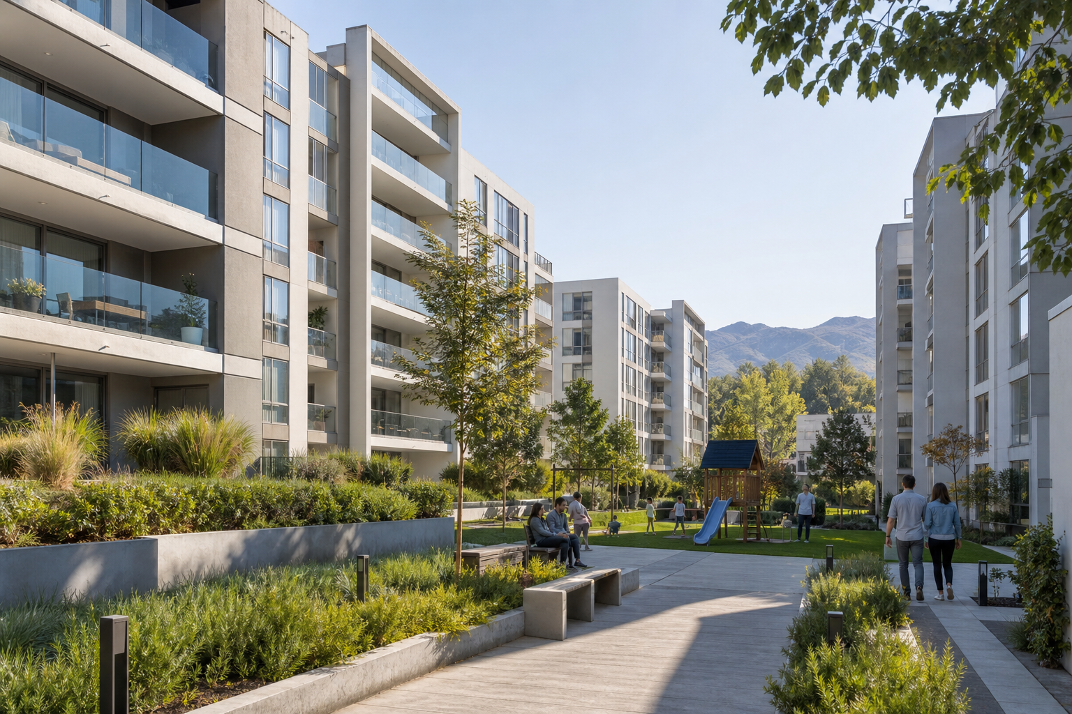 Condominio contempor&aacute;neo con espacios comunes y &aacute;reas verdes